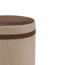 Ver imagem 4 de Puff Redondo Comprido Tecido Bege Linho Listra e Corino Marrom Elegante Macio Suporta 120kg Decoraçã