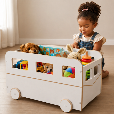 Baú Infantil Organizador de Brinquedos com Rodinhas | Estilo Montessori | MDF Branco Modelo Combi