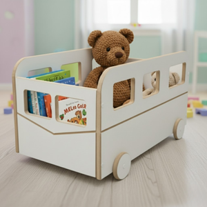 Baú Branco Infantil Organizador de Brinquedos Formato Combi com Rodinhas Estilo Montessori – Mdf