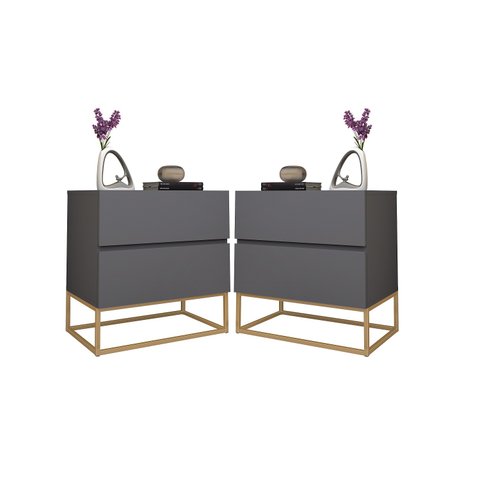 2 Mesa Cabeceira com Gaveta Cinza Puxadores Cava Eros 45cm:cinzadourado