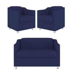 Kit Sofá Namoradeira + 02 Poltrona Tilla Recepção Sala Suede Cor:Azul Marinho - 1