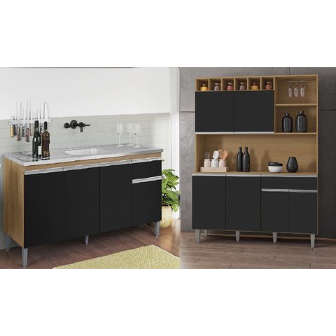 Armário de Cozinha Alice com Balcão de Pia Tatiane 120m sem Tampoamêndoa/preto - Ajl