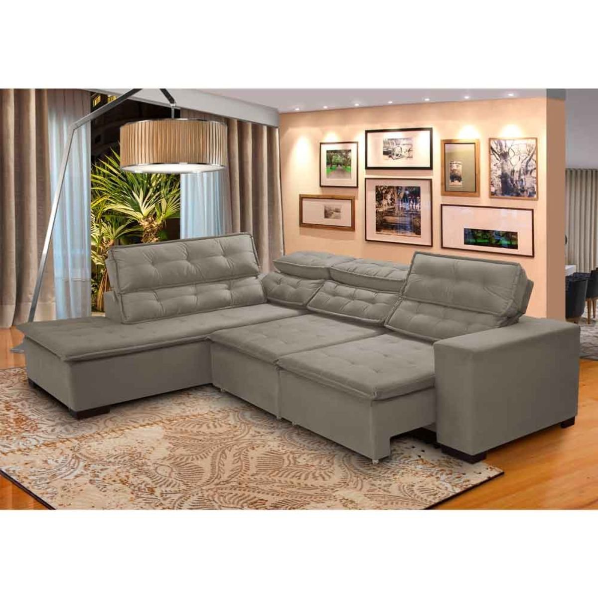 Sofá Canto Retrátil 5 Lugares Reclinável Chaise D 2,80 X 2,20 M Sttilo Bege - Megasul