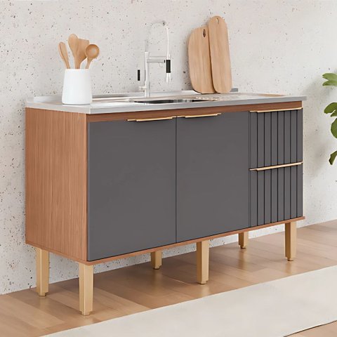 Gabinete de Cozinha 2 Gavetas Ripado 144cm Madeira 100% Mdf:freijó/titanium