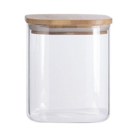 Pote de Vidro com Tampa de Bambu Oikos 800ml Hermético Quadrado