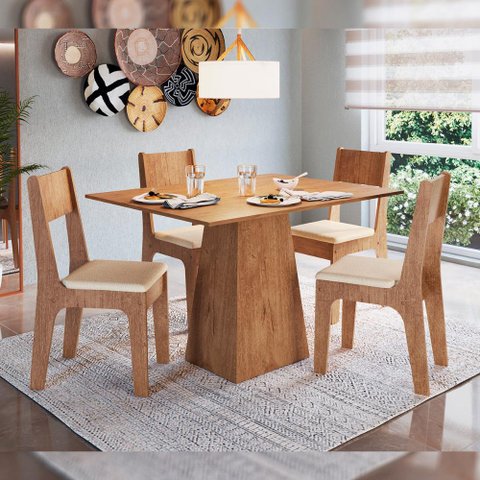 Conjunto Mesa de Jantar 120cm com 4 Cadeiras Beges Cor:freijó com Bege