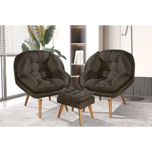 Conjunto Poltronas Sênior em Suede Premium com Puff e Pés de Madeira:marrom