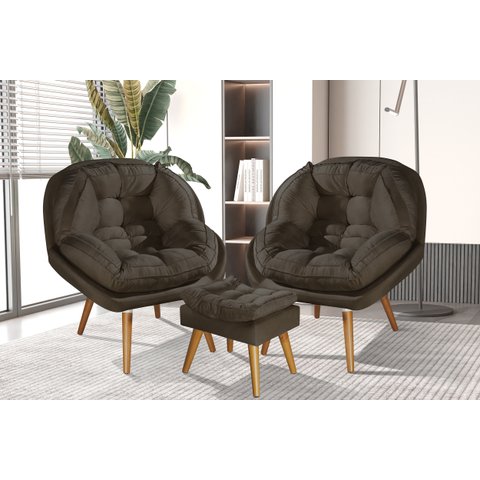 Conjunto Poltronas Sênior em Suede Premium com Puff e Pés de Madeira:marrom
