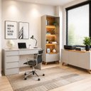 Ver imagem 1 de Kit Escritório 3 Peças em MDF com Escrivaninha e Cristaleira LED Bege Yescasa