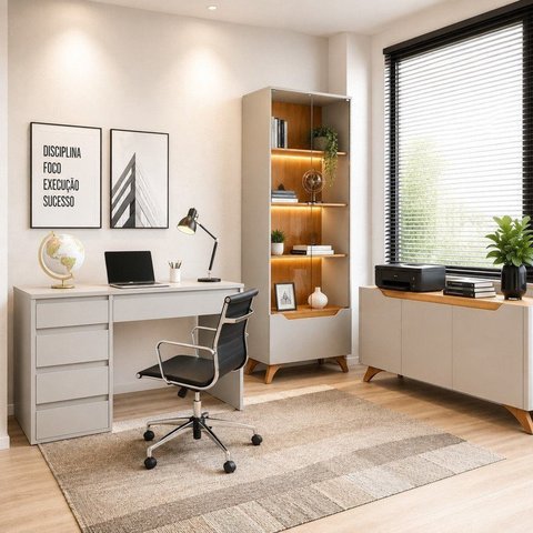 Kit Escritório 3 Peças em MDF com Escrivaninha e Cristaleira LED Bege Yescasa