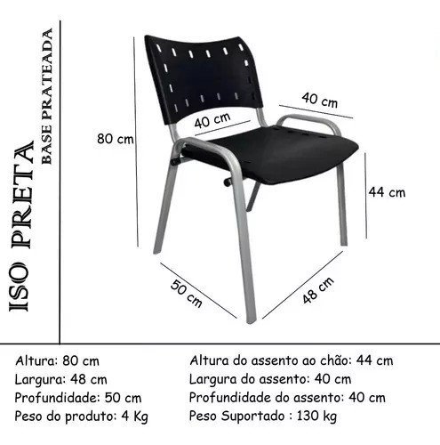 Kit Com 4 Cadeiras Iso Para Escola Escritório Comércio Preta Base Prata - 3