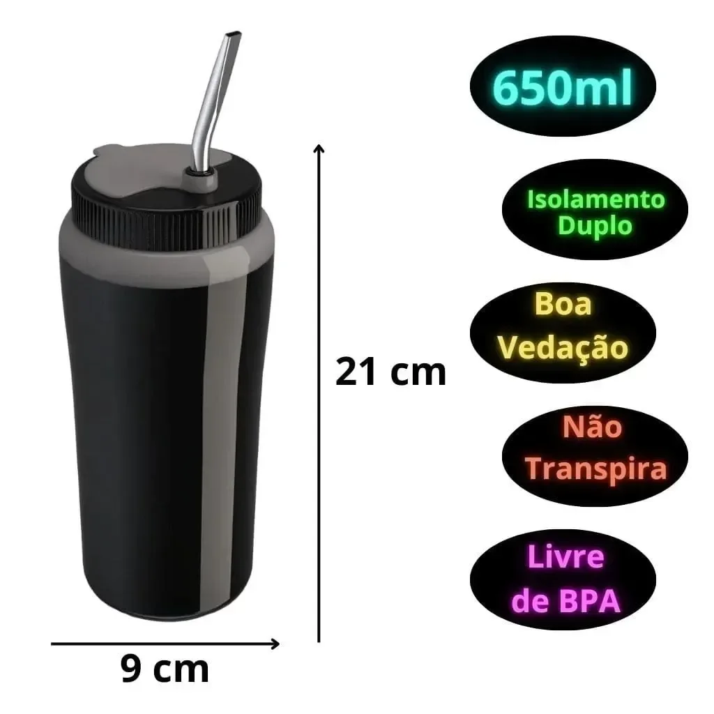 Ver imagem 4 de Copo Térmico Tererê 650ml Parede Dupla Tampa e Bomba Inox:preto