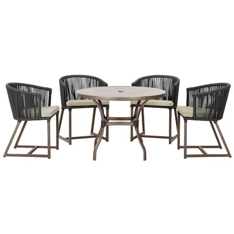 Mesa com 4 Cadeiras de Jantar Roma 100cm e Noronha em Aluminío Marrom Corda Nautica Estofado 7 Trama