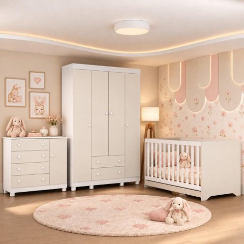 Quarto de Bebê Completo com Berço Americano 3 em 1 e Colchão Incluso Flor Multimóveis MP4947