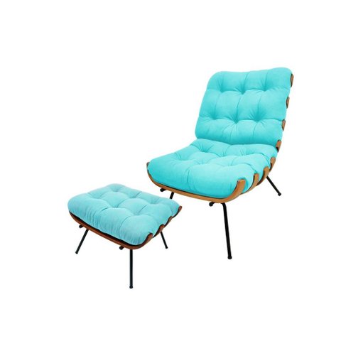 Kit Poltrona e Puff Costela Suede Azul Tiffany
