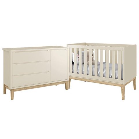 Jogo de Quarto Classic Cômoda com Porta e Berço Areia Fosco com Pés Madeira Natural - Reller Mó