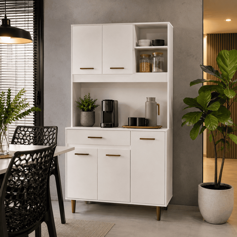Armário de Cozinha Paneleiro Multiuso 5 Portas 1 Gaveta com Nichos e 6 Prateleiras em MDP - Branco