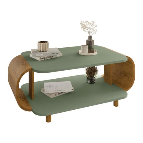Mesa de Centro Sala Floripa com Pés de Madeira Maciça Pistache/naturale