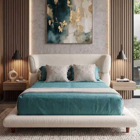 Conjunto Cabeceira com Base Cama Box Siena King 1,95m Linho Off White Linho