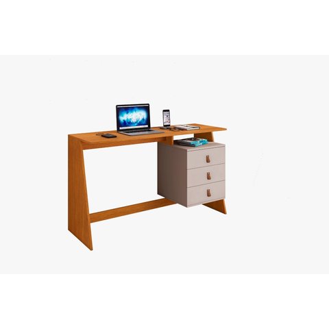 Mesa de Estudo Gaby 3 Gavetas com Puxadores em Couro:cinamomo / Off