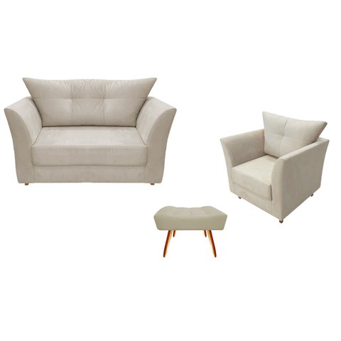 Kit Namoradeira + 1 Poltrona Decorativa Isis + 1 Puff Retangular Couro Bege Pés Madeira Mz Decor