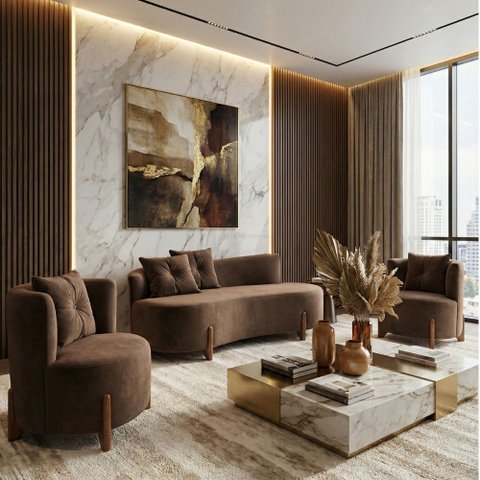 Conjunto 2 Poltronas + Sofá Curvo Orgânico Veludo Marrom - Montanaris Decor