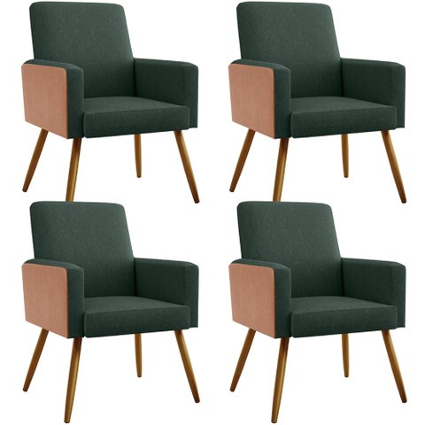Kit 04 Poltronas Decorativa Maria W01 Pés Palito Linho Verde Musgo Couríssimo Camel - Lyam Decor