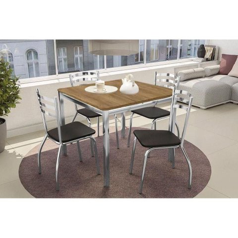 Conjunto Mesa Sala Jantar Reno com Tampo de Madeira 90cm e 4 Cadeiras Portugal Cromada Preto 110