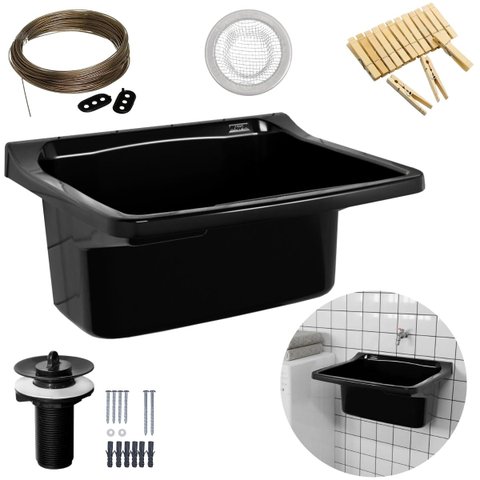 Tanque Lavanderia 22l Preto + Varal em Aço + Prendedor + Ralo