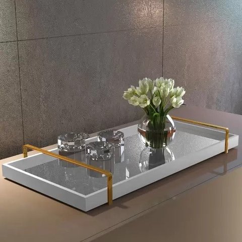 Bandeja Espelhada Decorativa Madeira com Alça e Espelhada:laca Branco/bronze