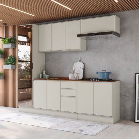Cozinha Completa Fineze 10 Portas 2 Gavetas com Vidro e Tampo 100% MDF Areia Hp/Cinamomo - Henn