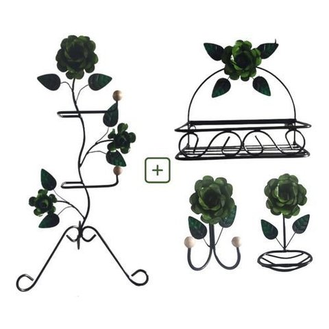 Kit para Banheiro 4 Peças em Ferro com Rosas:verde