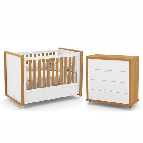 Jogo de Quarto Infantil Tutto New com Berço e Cômoda 4 Gavetas Branco Soft/Freijó - Matic Móveis