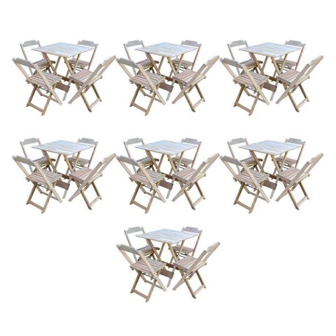Kit 7 Jogos De Mesa Dobravel Com 4 Cadeiras De Madeira 70X70 Para Restaurante E Bar - Sem Pintura