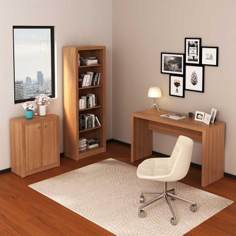 Kit Escritório com Mesa Balcão 2 Portas Estante 5 Nichos MDP Amêndoa Tecno Mobili