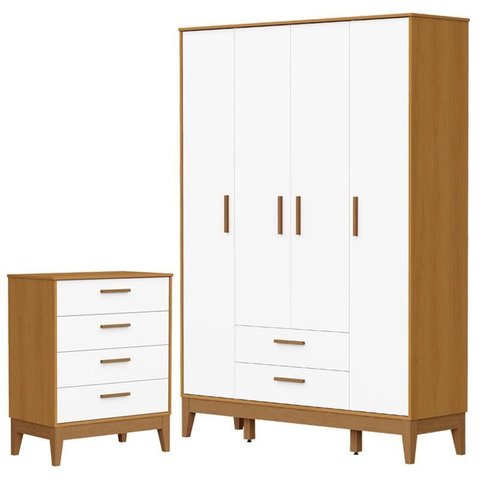 Guarda Roupa Infantil Flip 4 Portas com Cômoda Gaveteiro Infantil Flip Branco Acetinado Savana - Rel
