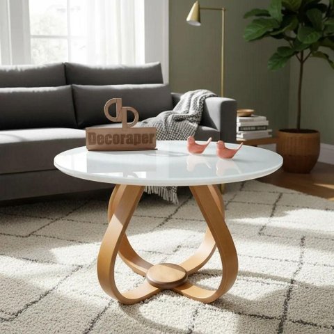 Mesa de Centro Cebola Redonda MDF com Vidro 70cm Branco Decoraper