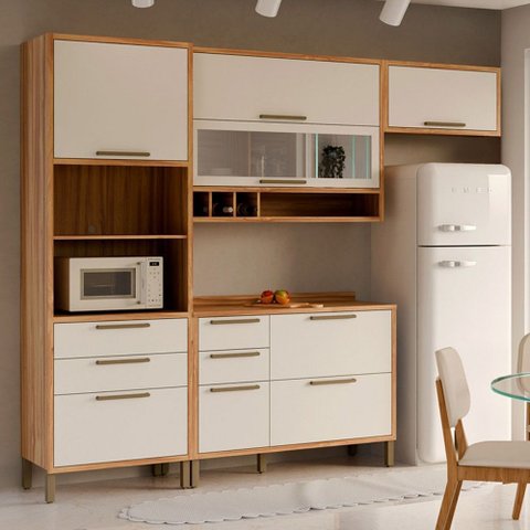 Armário de Cozinha com Balcão e Tampo 7 Portas 5 Gavetas Pérola 100% Mdf Vidro Reflecta Amêndoa/bran