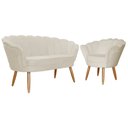 Ver imagem 1 de Kit Namoradeira + 1 Poltrona Decorativa Pétala Couro Bege Pés Madeira Mz Decor