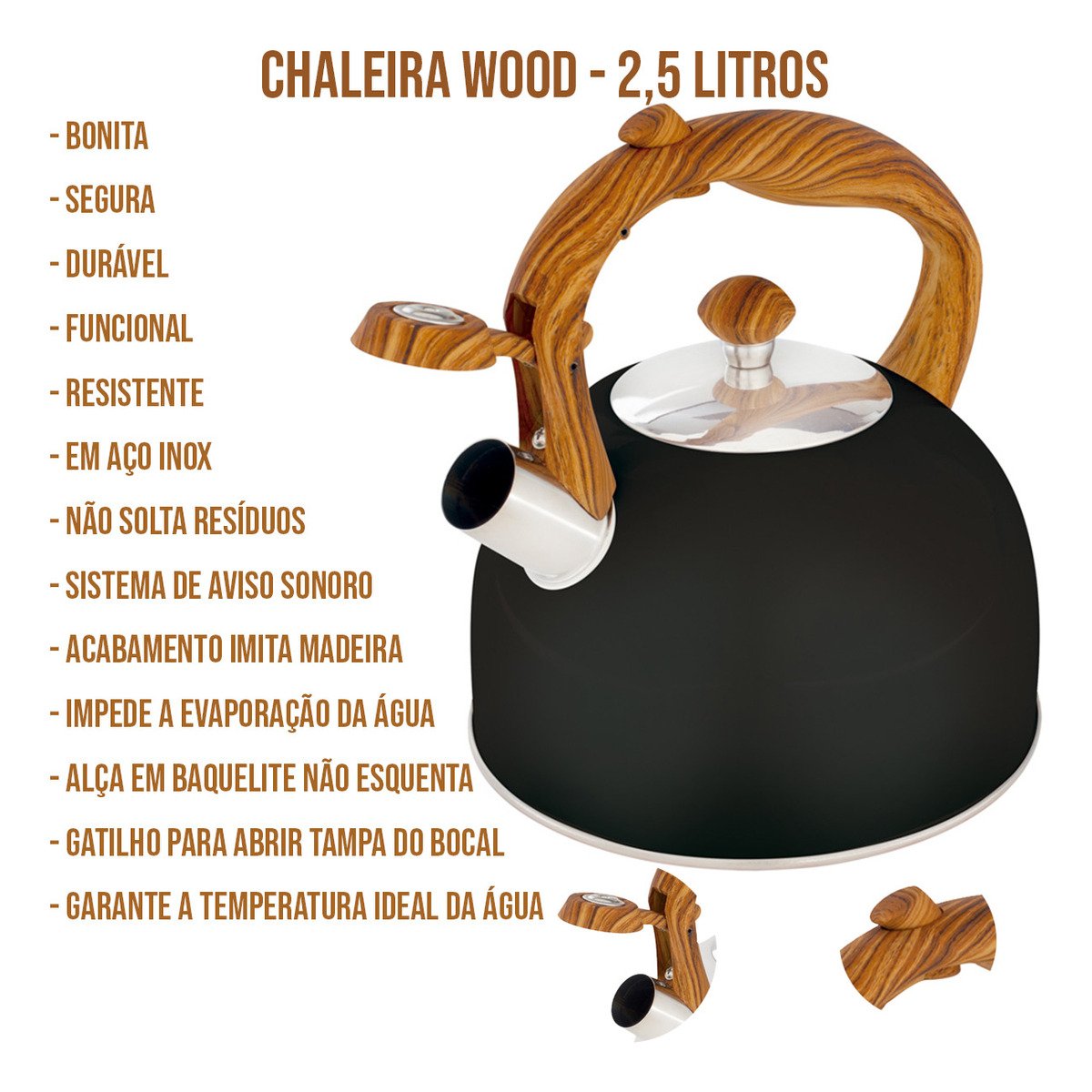 Chaleira Wood 2,5l Preta Mor - 4