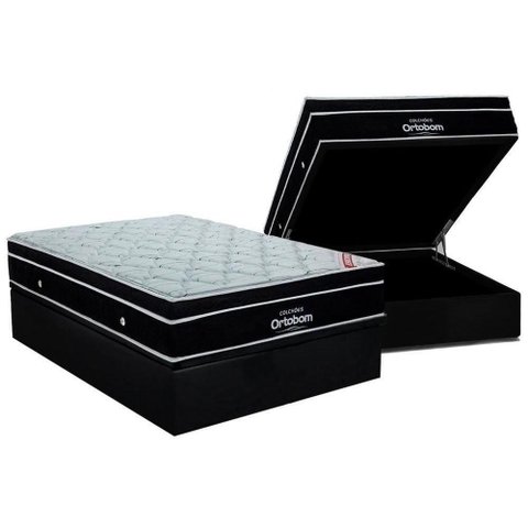 Cama Box Baú Casal: Colchão Molas Superpocket Ensacadas Ortobom Elegant + Base Crc Suede Black (