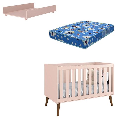 Berço Americano Theo com Trocador Juju Rosa Amadeirado e Colchão - Reller
