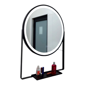 Espelho Led 3 Cores Frio Neutro e Quente Redondo 60 Cm Moldura Prateleira Metalon Preta