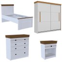 Ver imagem 2 de Conjunto Quarto de Solteiro Completo England em MDF Branco/Freijó