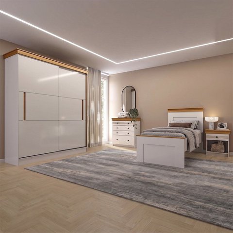 Conjunto Quarto de Solteiro Completo England em MDF Branco/Freijó