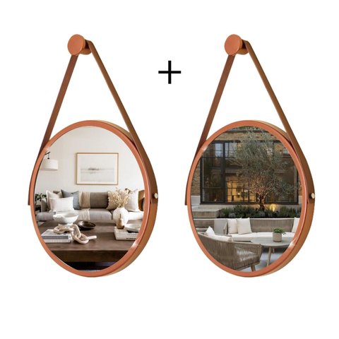 Kit 2 Espelhos Redondo Decorativo Suspenso Alça 50cm + Suporte Cobre Alça Caramelo