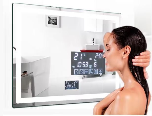 Espelho Iluminado 70x70 Led com Visor Inteligente Botão Touch Bluetooth Som Toca Musica Desembaçador