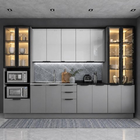 Cozinha Telasul Lumina 3,40m x 2,40m 6 Módulos Balcão sem Tampo 1 Torre Quente e 1 Paneleiro Vidro