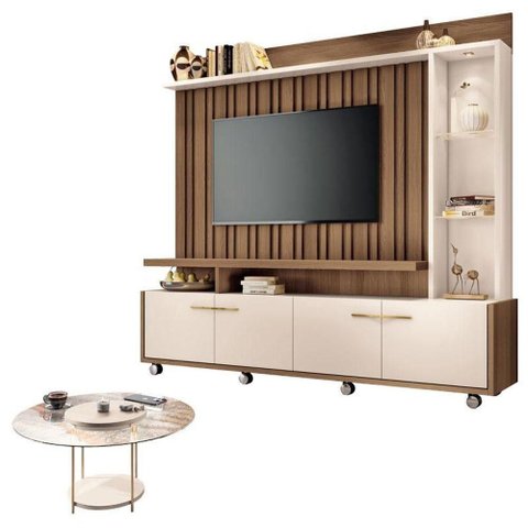 Estante Home Theater Titan Off White Castanho e Mesa de Centro Sky com Tampo de Vidro Off White - Hb