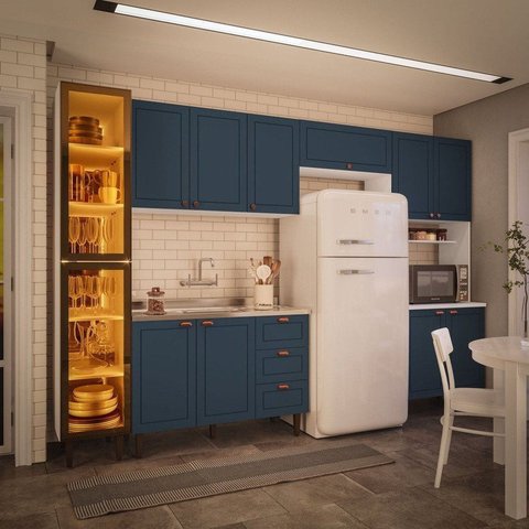 Cozinha Completa Modulada 320cm com Tampo e Cristaleira 5 Peças Pérola Yescasa